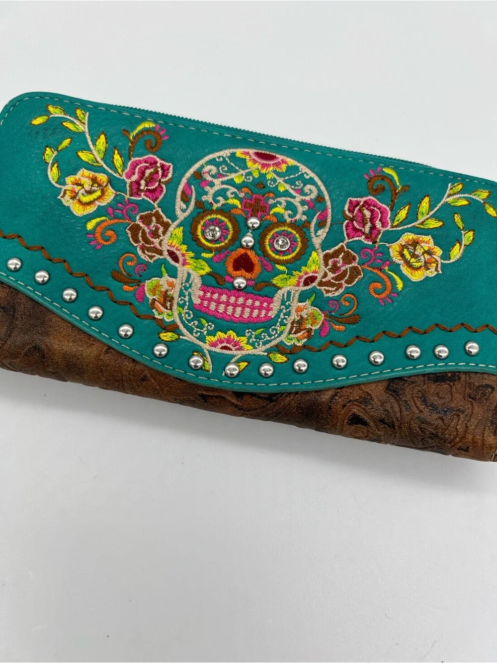 American Bling Teal Floral Sugar Skull Zip Wallet